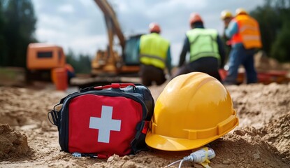 Obraz premium A yellow construction helmet and first aid kit lie on dirt at a job site with workers in safety vests and hard hats blurred in the background.