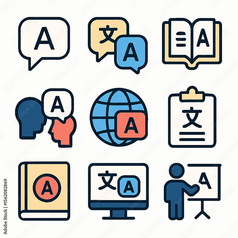 Poster translation and language learning concepts with people and global communication