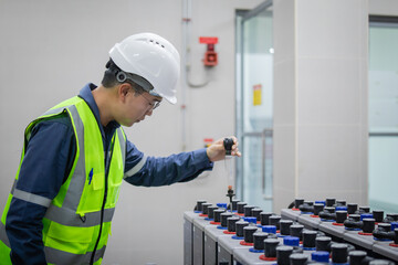 Technician inspects backup battery system carefully to ensure power supply is stable and reliable...