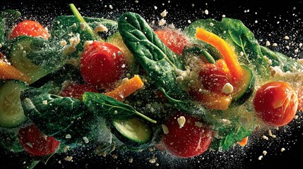 Vibrant salad ingredients in mid-air, showcasing fresh vegetables against a dark backdrop