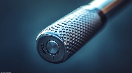 Metal tool handle with closeup, and blue background.