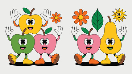 Obraz premium Retro Cartoon Fruit Characters Smiling Apples, Pear, Flowers, and Sun Groovy Illustration