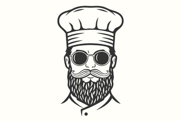 Detailed black and white portrait of a bearded chef with stylish glasses and hat