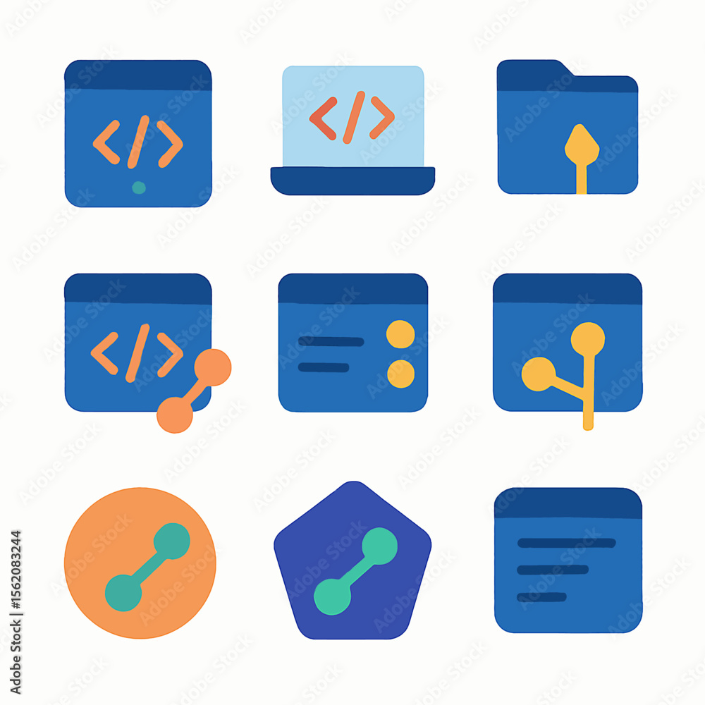 Poster Vector graphic showcasing various coding and connection icons in a flat design style