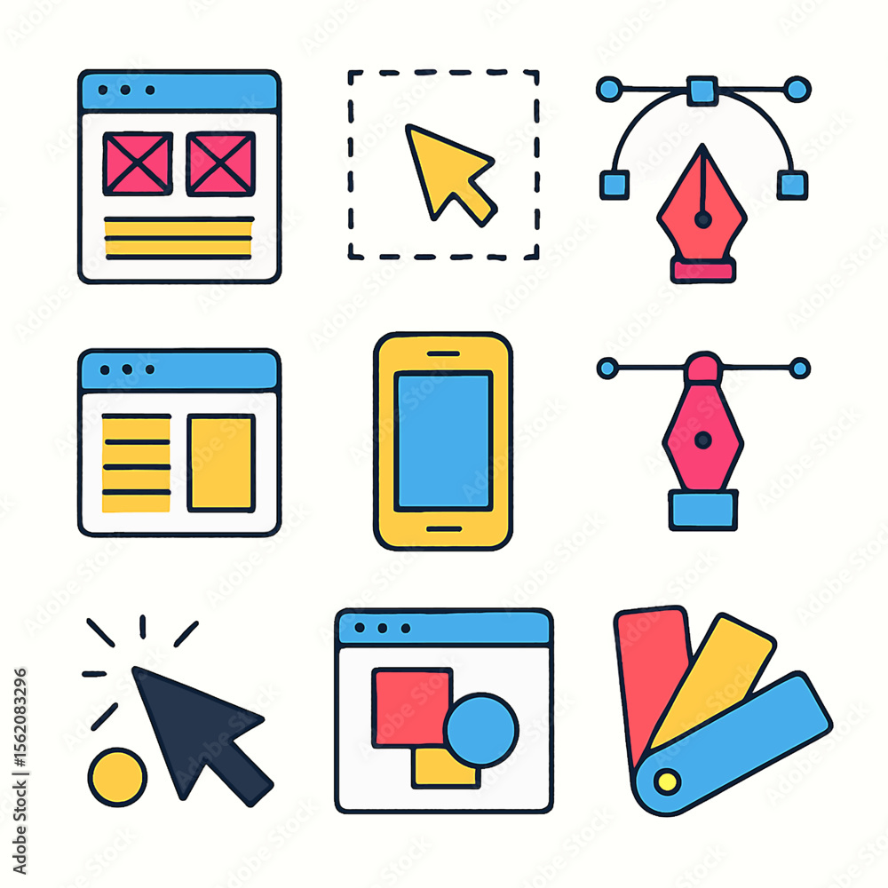 Poster vector graphics illustrating web design and development tools for creative projects