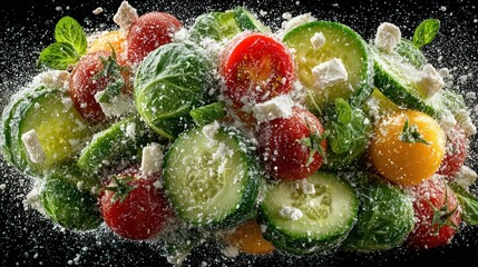 Vibrant salad ingredients including tomatoes, cucumbers, and feta cheese with herbs, splashing in air