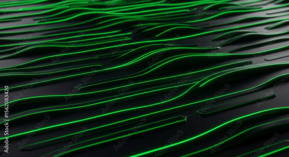 Poster abstract dark surface with glowing green lines forming a wavy pattern