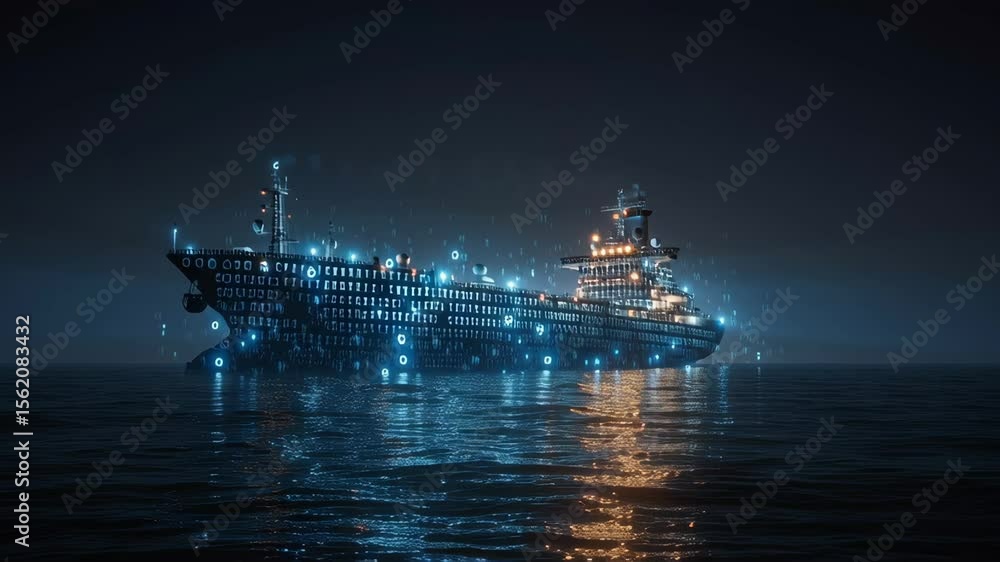 Poster large cargo ship is sailing on the ocean at night, surrounded by glowing binary code, representing t