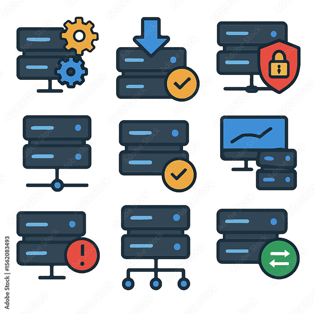 Poster vector icons illustrating server settings with gears and download confirmation symbols