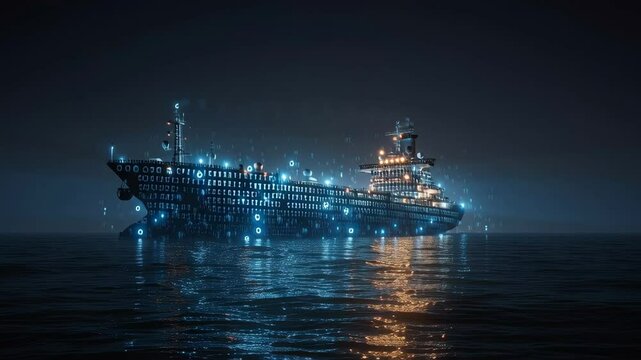 Large cargo ship is sailing on the ocean at night, surrounded by glowing binary code, representing the concept of digital transformation in the maritime industry