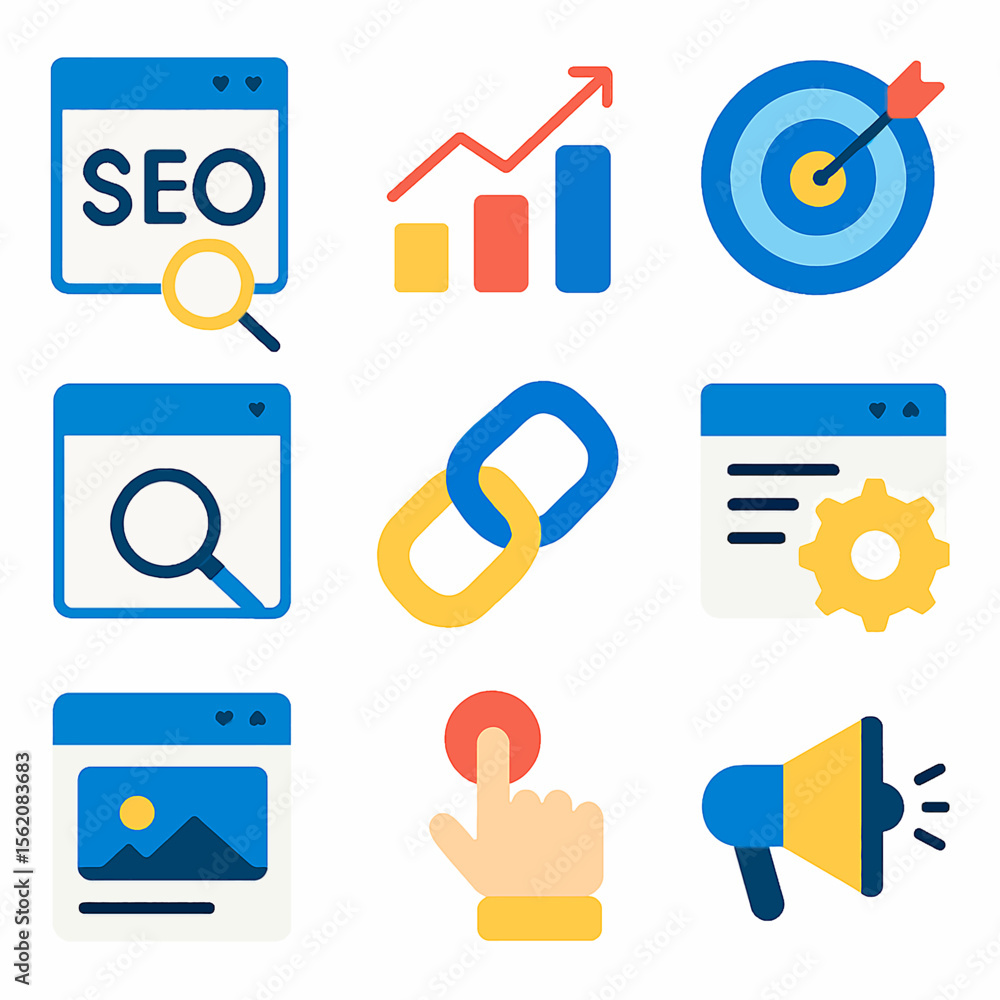Poster vector icons illustration showcasing various search engine optimization elements