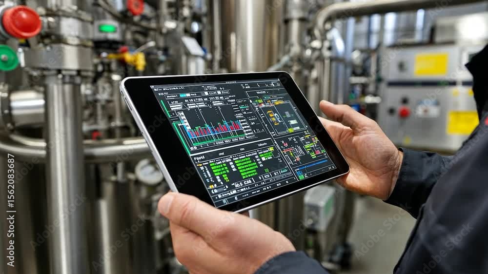 Poster industrial tablet computer with process monitoring display.