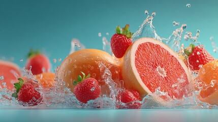Vibrant splash of fresh strawberries and grapefruit on a turquoise background, showcasing freshness