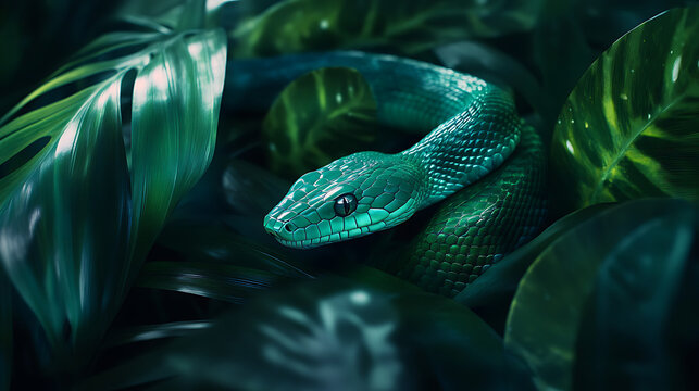 Close jungle view of python on tree high resolution picture