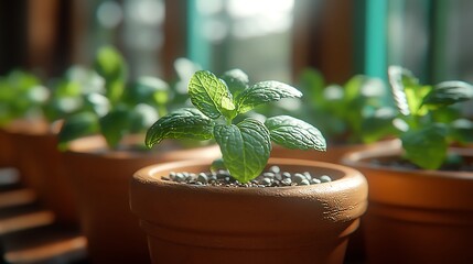 Mint Plant in Clay Pot with Growing Indoors.