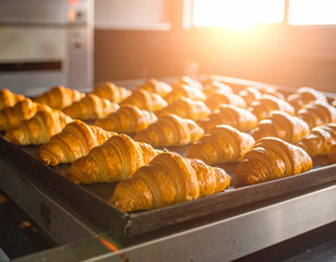 Freshly baked golden croissants on oven tray with warm sunlight.