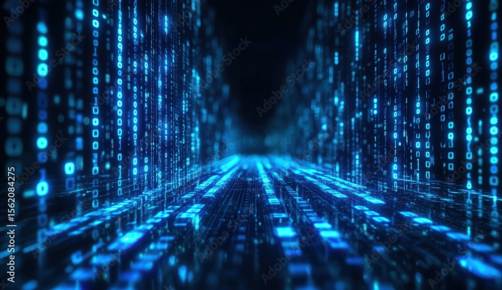 Poster a digital tunnel made of glowing blue binary code streams into a vanishing point, representing data 