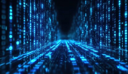 A digital tunnel made of glowing blue binary code streams into a vanishing point, representing data flow and virtual technology.