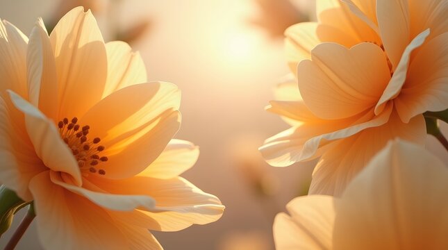 Beautiful orange flowers blooming in warm, golden sunlight. A soft-focus, dreamy spring or summer background capturing the essence of nature's beauty and new beginnings.