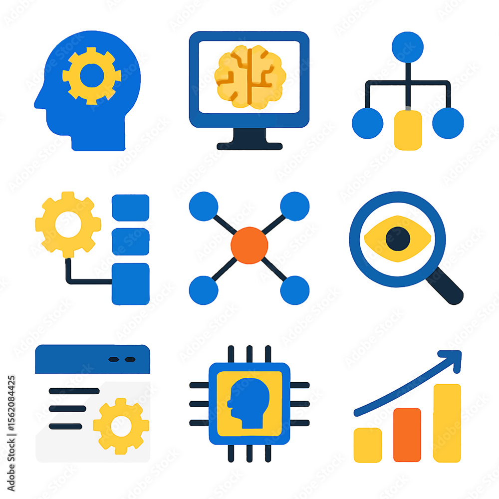 Poster vector illustration presenting data analysis, artificial intelligence, and machine learning concepts