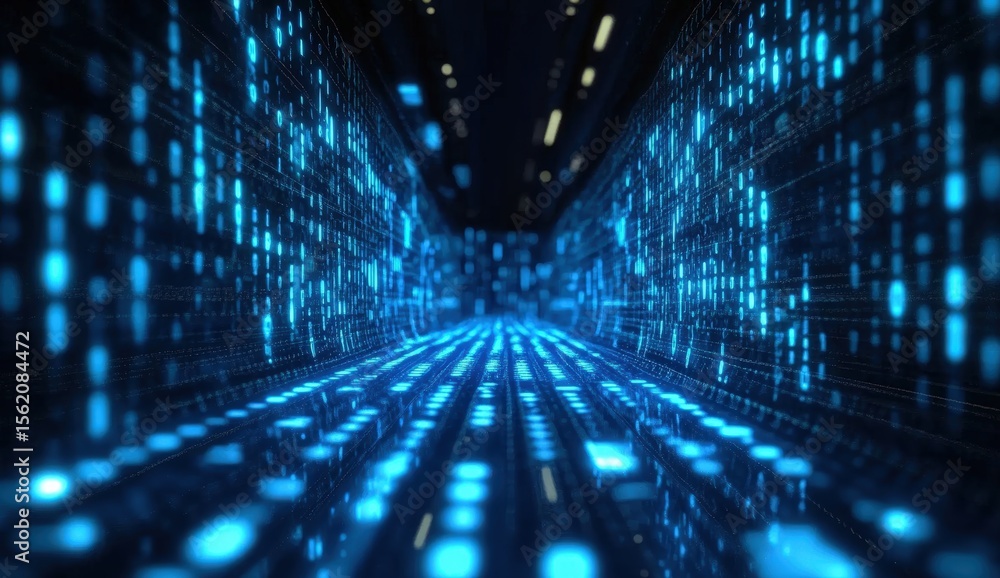 Poster a digital corridor with glowing blue binary code streams creates a futuristic, immersive data tunnel