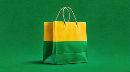 Vibrant yellow and green shopping bag on a solid green background, ideal for eco-friendly promotions