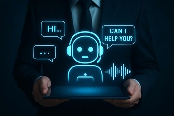 Businessman holding tablet displaying futuristic AI chatbot customer service interface.