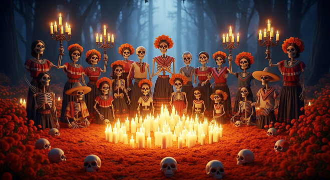 Dia De Los Muertos gathering of skeletons in traditional attire surrounded by marigolds and candles during a mystical night celebration