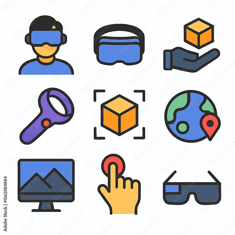 Poster virtual reality and augmented reality vector icons depicting modern technology elements