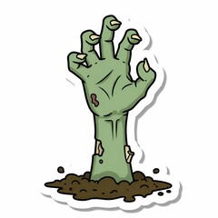 Zombie Hand Emerging from Grave Cartoon Sticker Design.