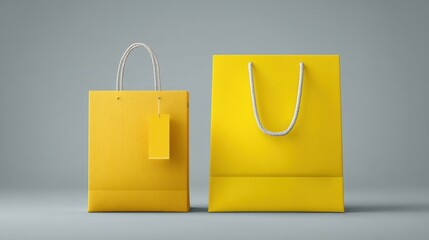 Vibrant yellow shopping bags with tags displayed against a minimalist gray backdrop, ideal for retail