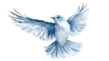 Fototapeta premium Watercolor illustration depicting a blue bird in flight with graceful wings and artistic motion for nature and wildlife art concept isolated on white background