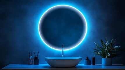 Modern bathroom with illuminated mirror.