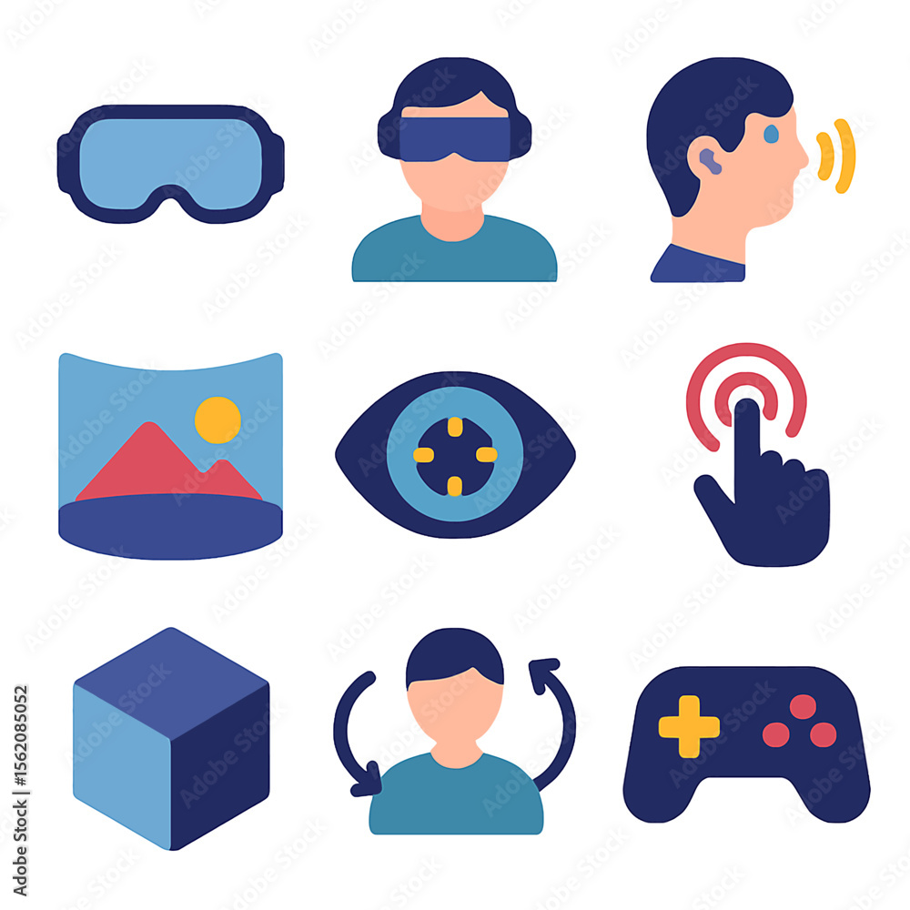 Poster virtual reality experience icons set for gaming and digital interaction design concept