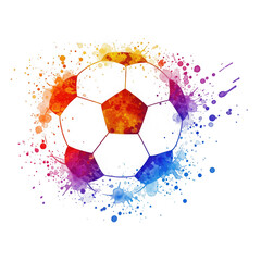 Colorful watercolor soccer ball splash with vibrant paint splatters isolated on transparent background