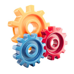 Colorful plastic gears in red, blue, and orange on white background  