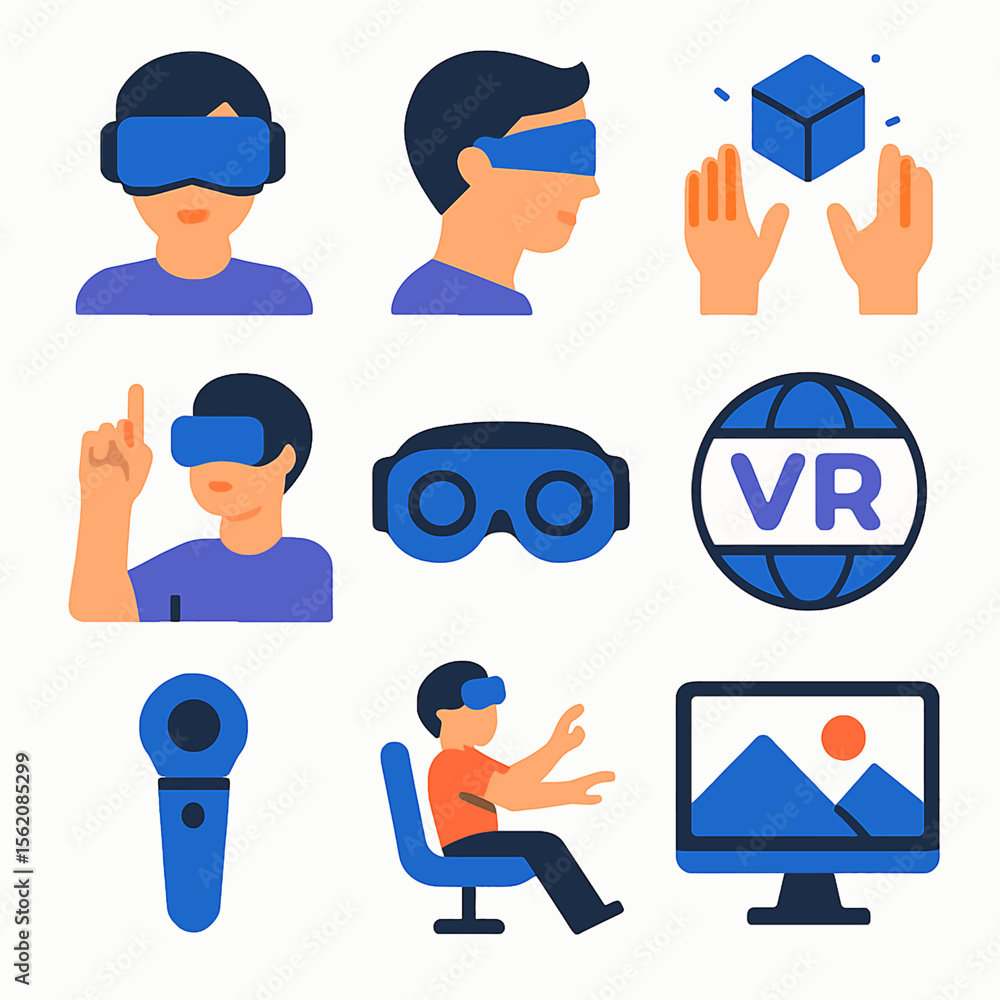 Poster virtual reality experience with headset and controller vector icons set