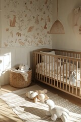Cozy nursery with animal-themed wallpaper, wooden crib, woven basket, and soft toys creating a comforting atmosphere for a baby.