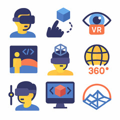 Virtual reality experience technology icons set showcasing immersive digital environments