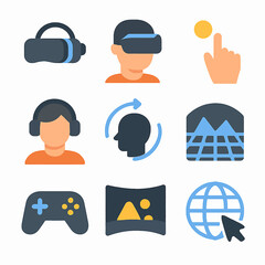 Virtual reality experience vector icons set showcasing gaming and immersive technology