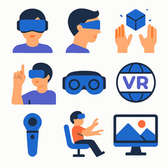Virtual reality experience with headset and controller vector icons set
