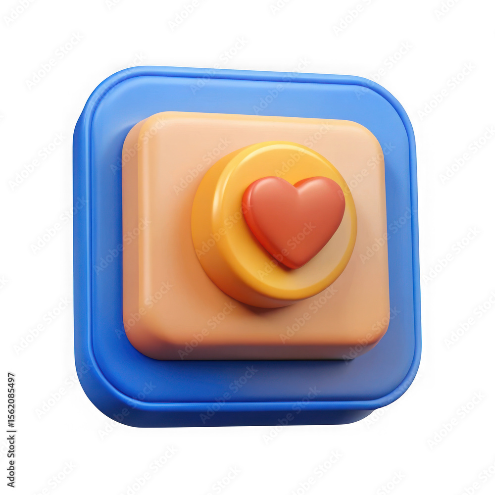 Fototapete 3d rendered icon of a heart shape on a layered button isolated on transparent background