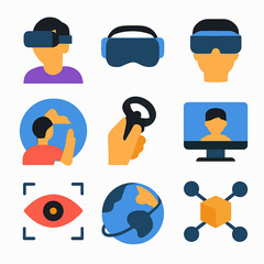 Virtual reality experience with headset, controller, and digital interaction icons