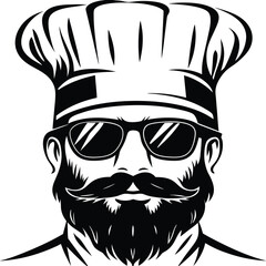 Cool chef with sunglasses, beard, and toque presents a strong blackandwhite style
