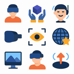 Virtual reality icons set depicting technology, metaverse, and digital experience
