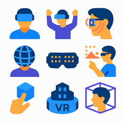 Virtual reality icons showcasing technology interaction and digital experiences