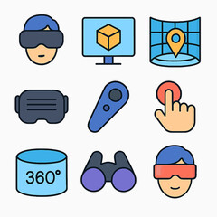 Virtual reality technology icons set featuring headset, controller, and 360 view concept
