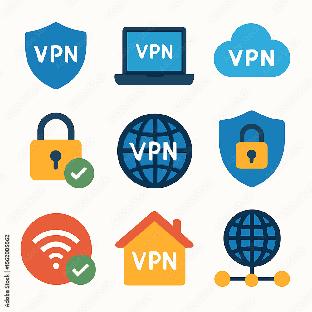 Poster vpn virtual private network connection vector icons set for security and privacy