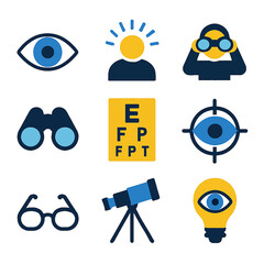 Vision and sight illustration with eye test chart, binoculars, and telescope icons