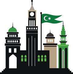 A collection of stylized illustrations representing Saudi Arabia, featuring its flag, iconic landmarks, and cultural elements with a modern graphic design